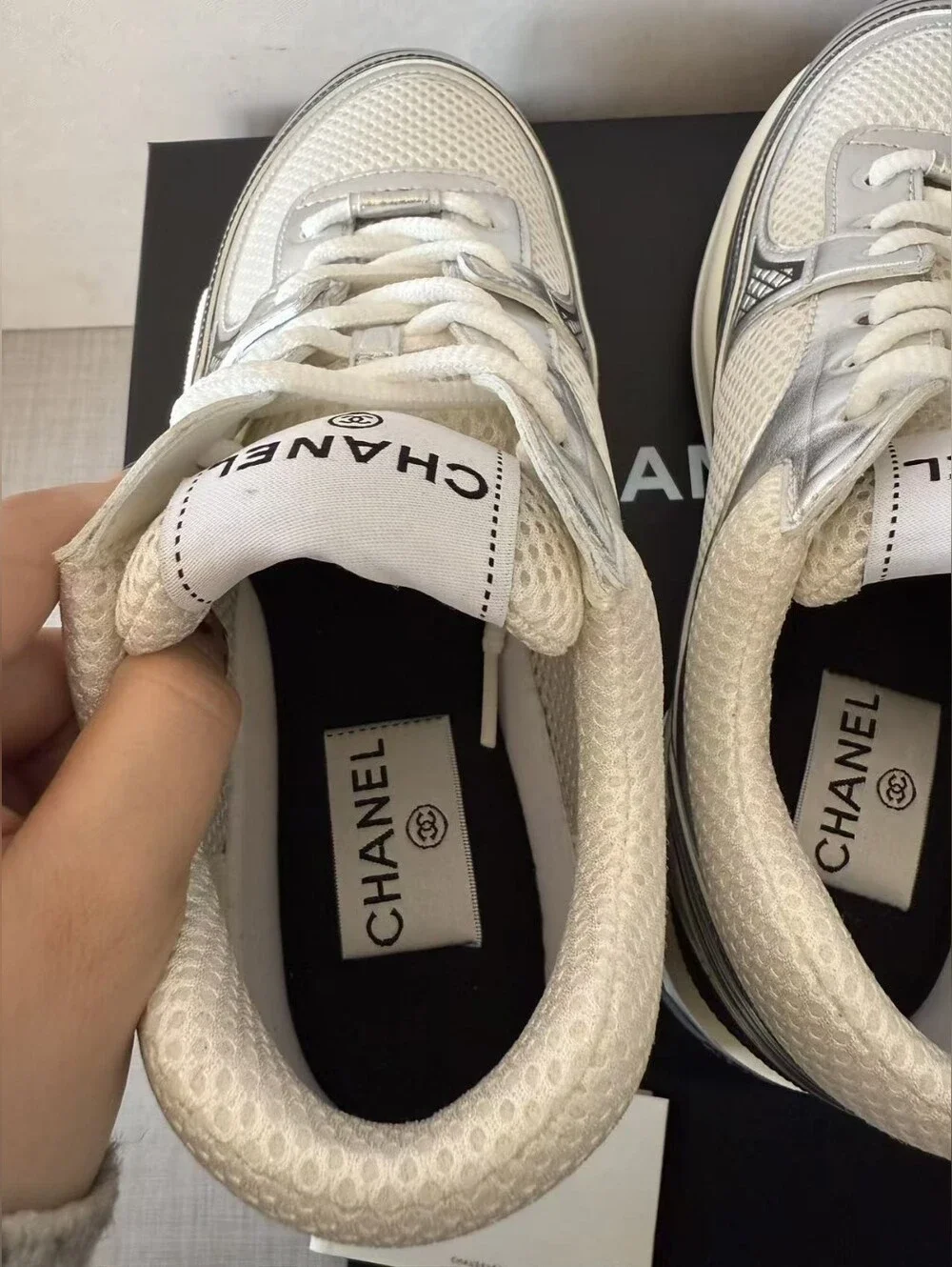 Chanel White & Silver Mesh Runner Sneakers